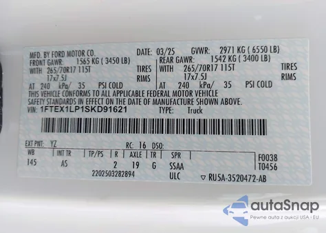 2025 Ford F-150 Xl z USA, uszkodzony, nr VIN 1FTEX1LP1SKD91621